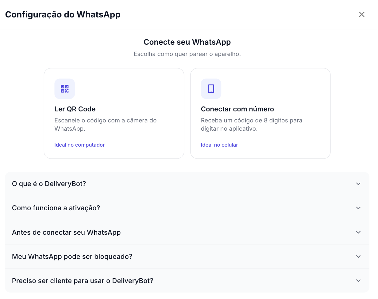 Tela de escolha entre conectar por QR Code ou por número de telefone