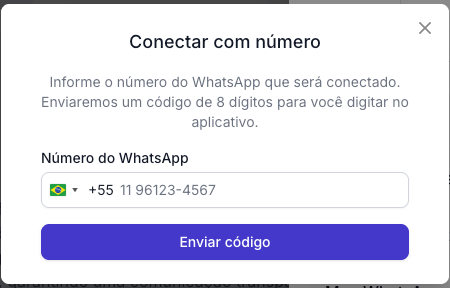 Modal para informar o número do WhatsApp e enviar o código de pareamento