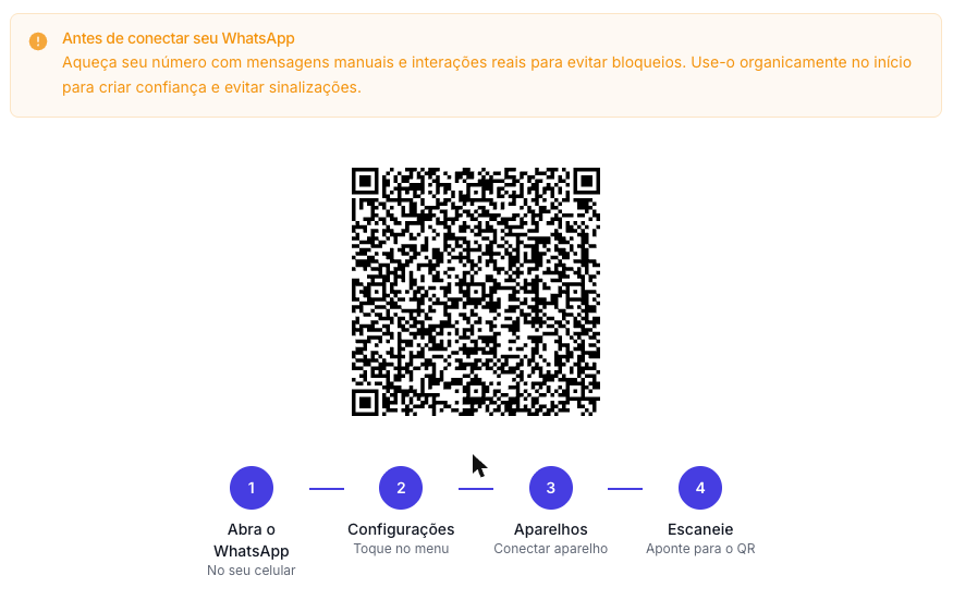 QR Code exibido no painel com os quatro passos para escanear pelo celular